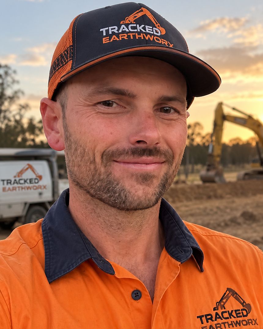 Blake Ormerod, Director of Tracked Earthworx, on site at dusk